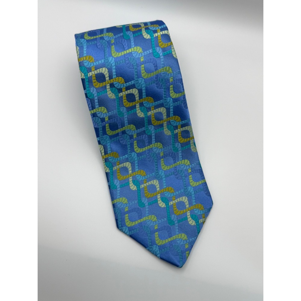 Robert Talbott Silk Tie OS Blue Green Geometric Link Preppy Business Luxury
